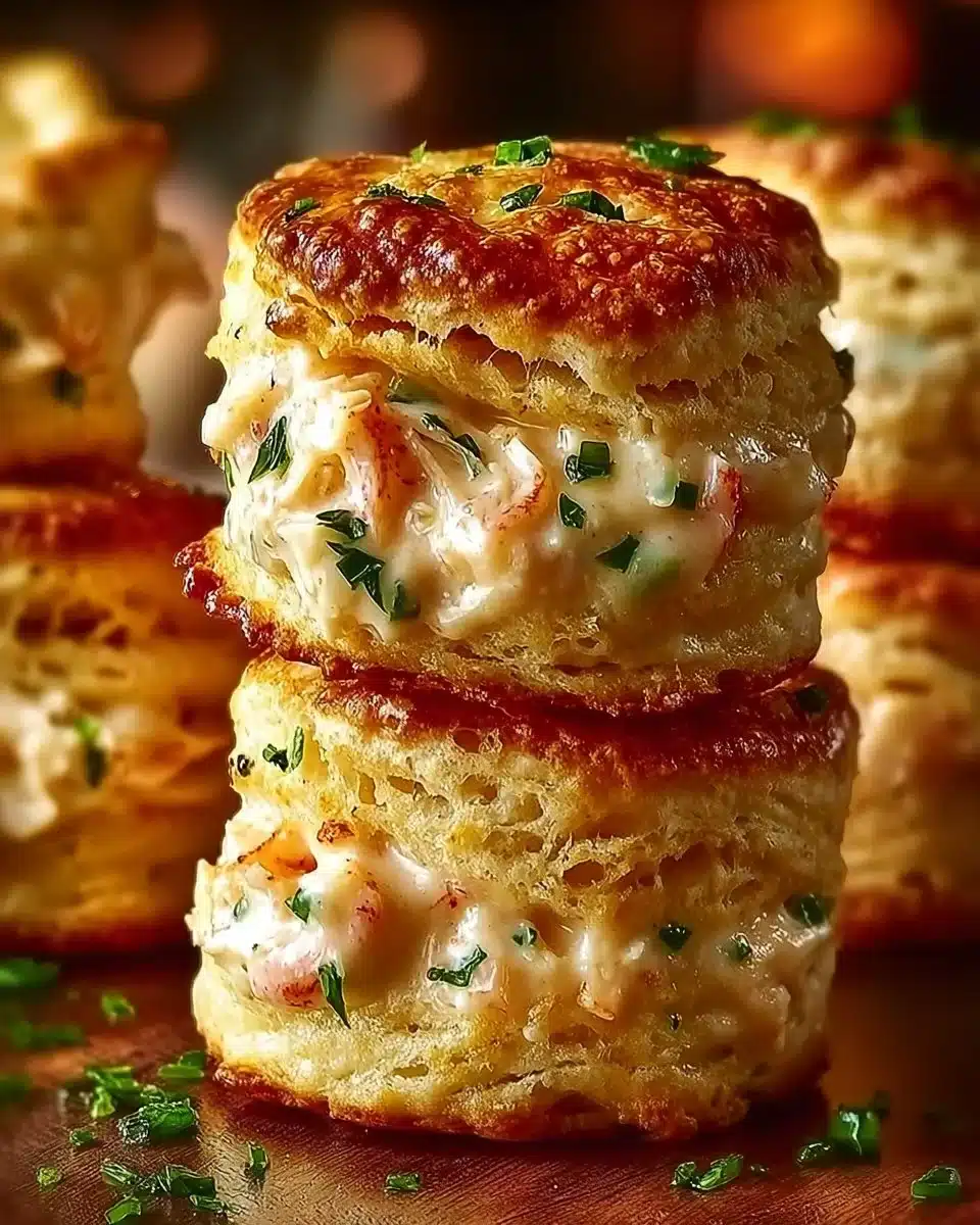 Delicious shrimp crab melts served on fluffy biscuits for a coastal meal.