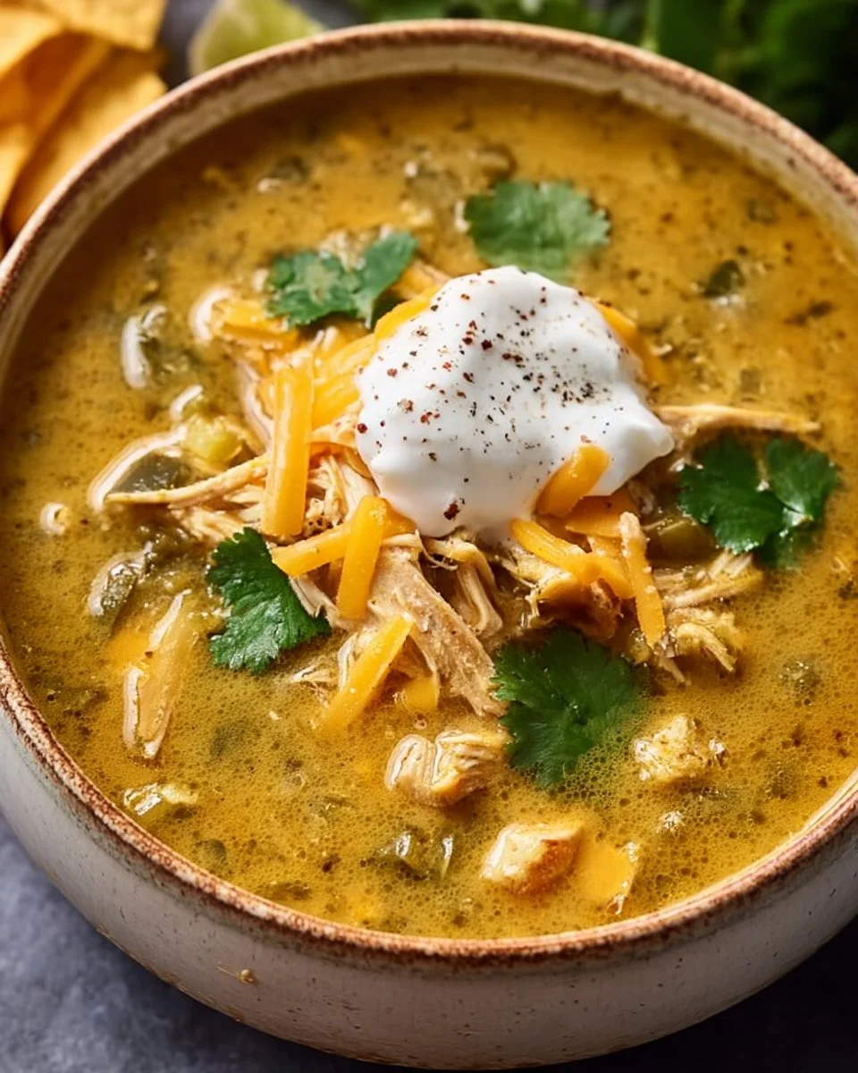 Bowl of Slow Cooker Green Chile Chicken Enchilada Soup garnished with cilantro.