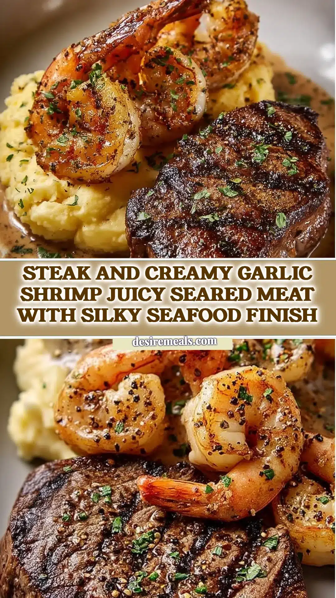 Steak and Creamy Garlic Shrimp Juicy Seared Meat with Silky Seafood Finish