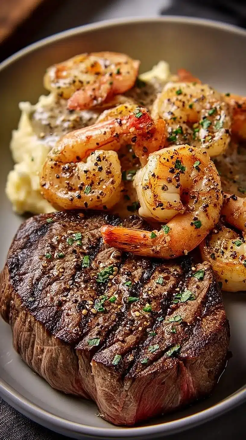 Steak and Creamy Garlic Shrimp