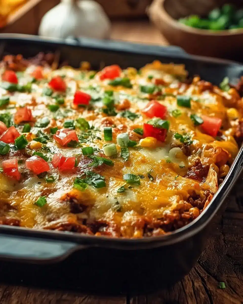 Taco Bake Casserole served in a dish, perfect for an easy weeknight dinner.