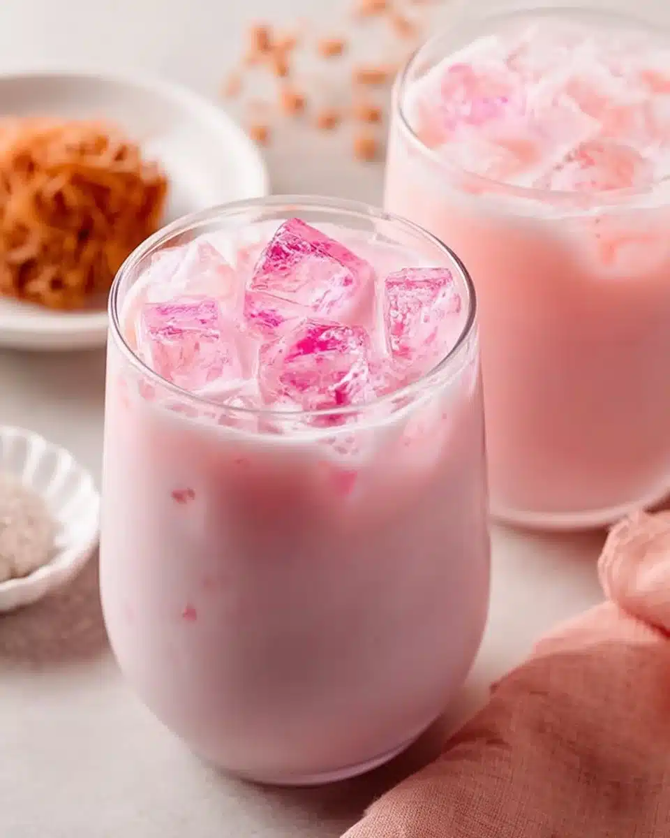 A glass of Thai pink milk drink with rose syrup, showcasing its creamy texture and vibrant color.