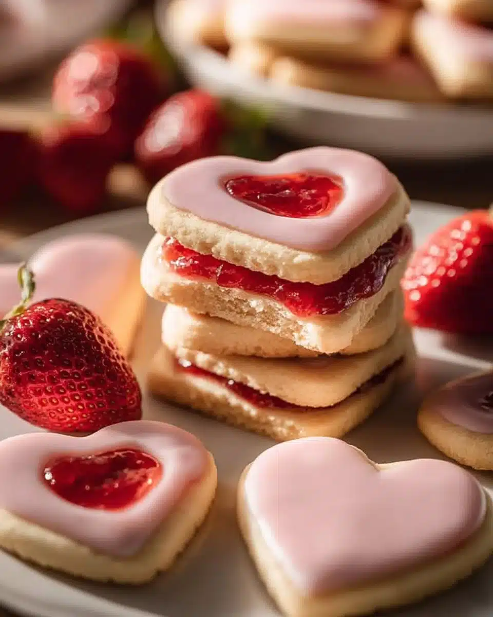 Delicious Valentine’s Day strawberry shortbread cookies on a decorative plate.