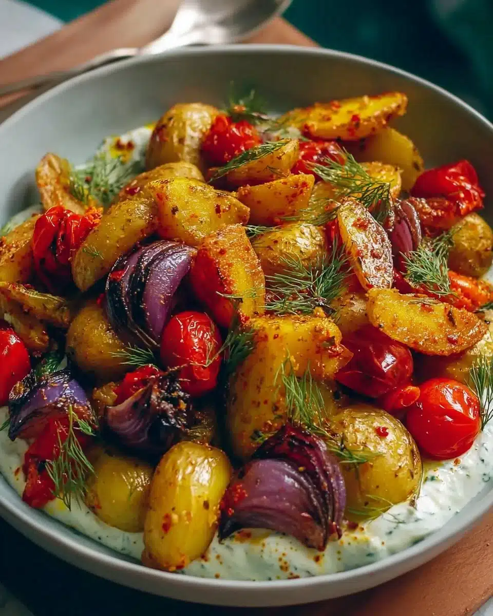 Vegan Mediterranean Roasted Vegetables Bowl filled with vibrant roasted veggies