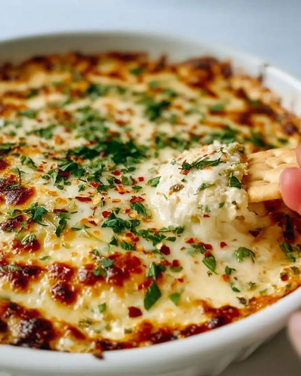 Baked garlic bread dip with bubbly cheese and roasted garlic on a serving dish.