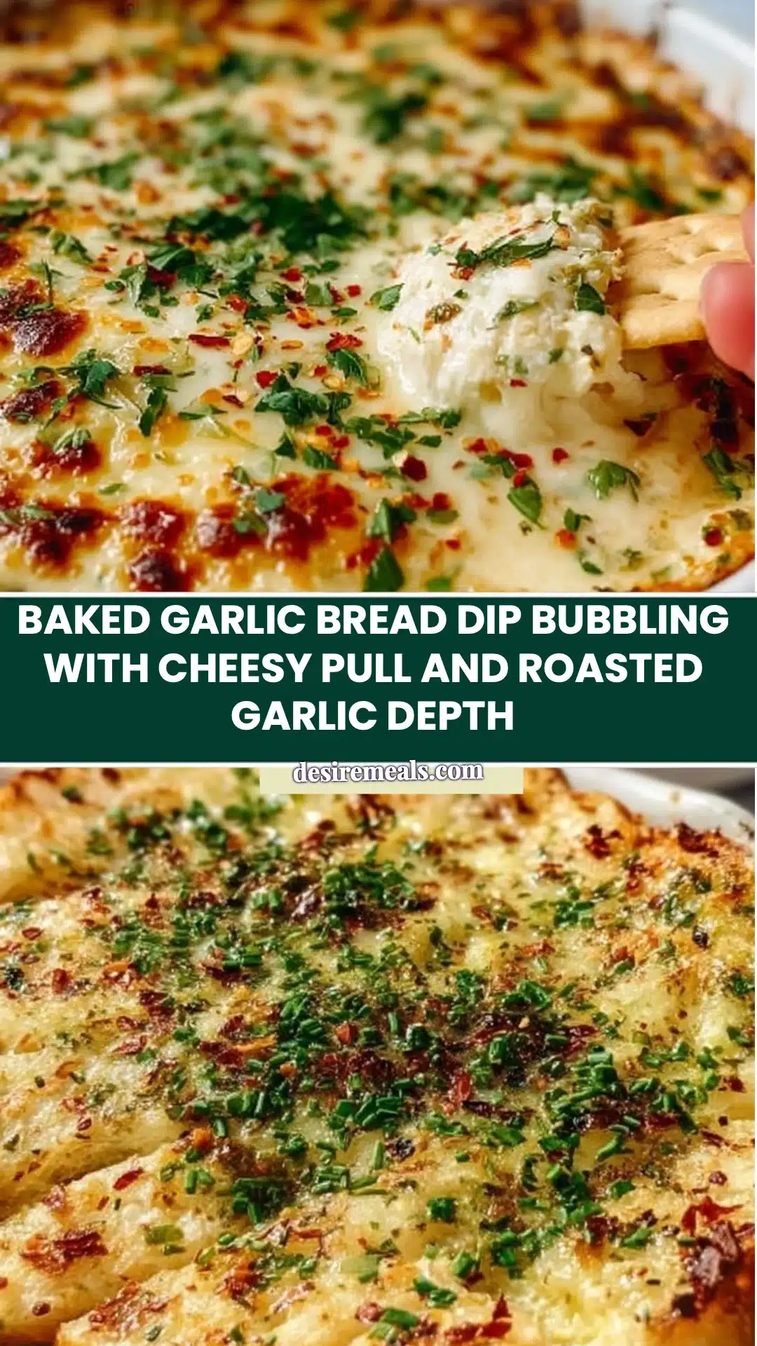 Baked Garlic Bread Dip bubbling with cheesy pull and roasted garlic depth