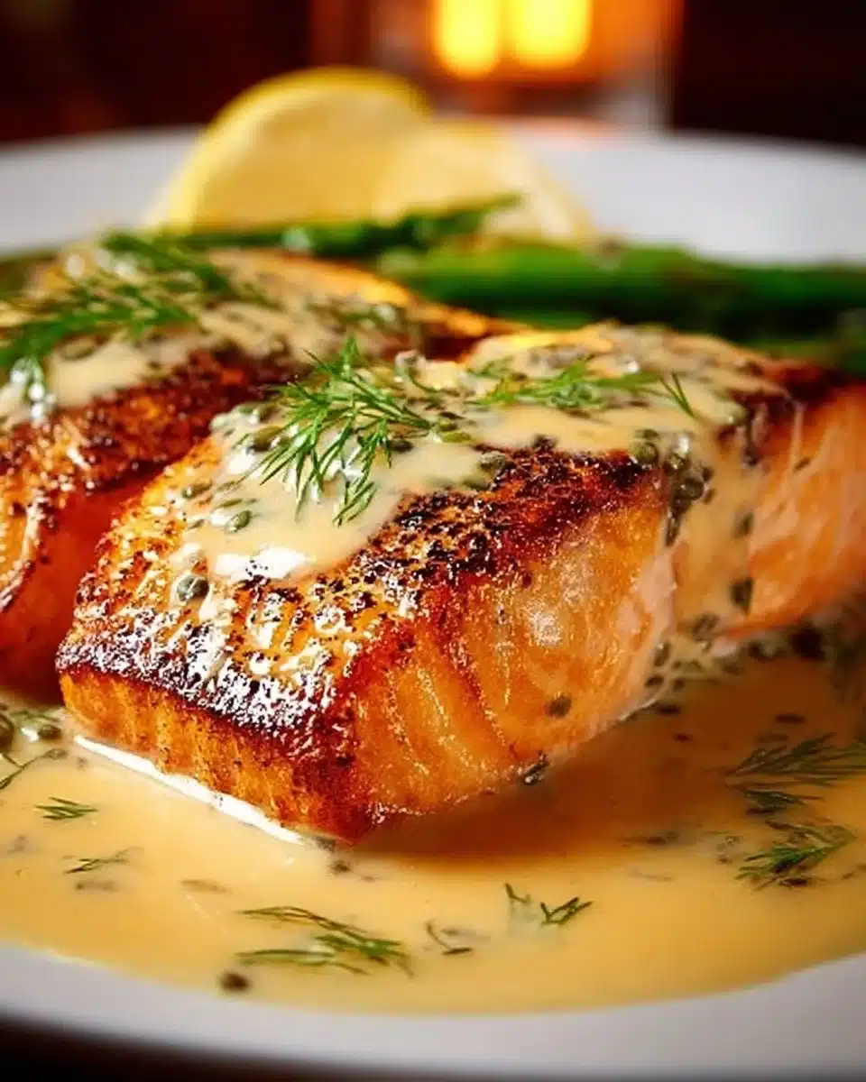 Baked salmon fillet drizzled with lemon butter cream sauce on a plate.