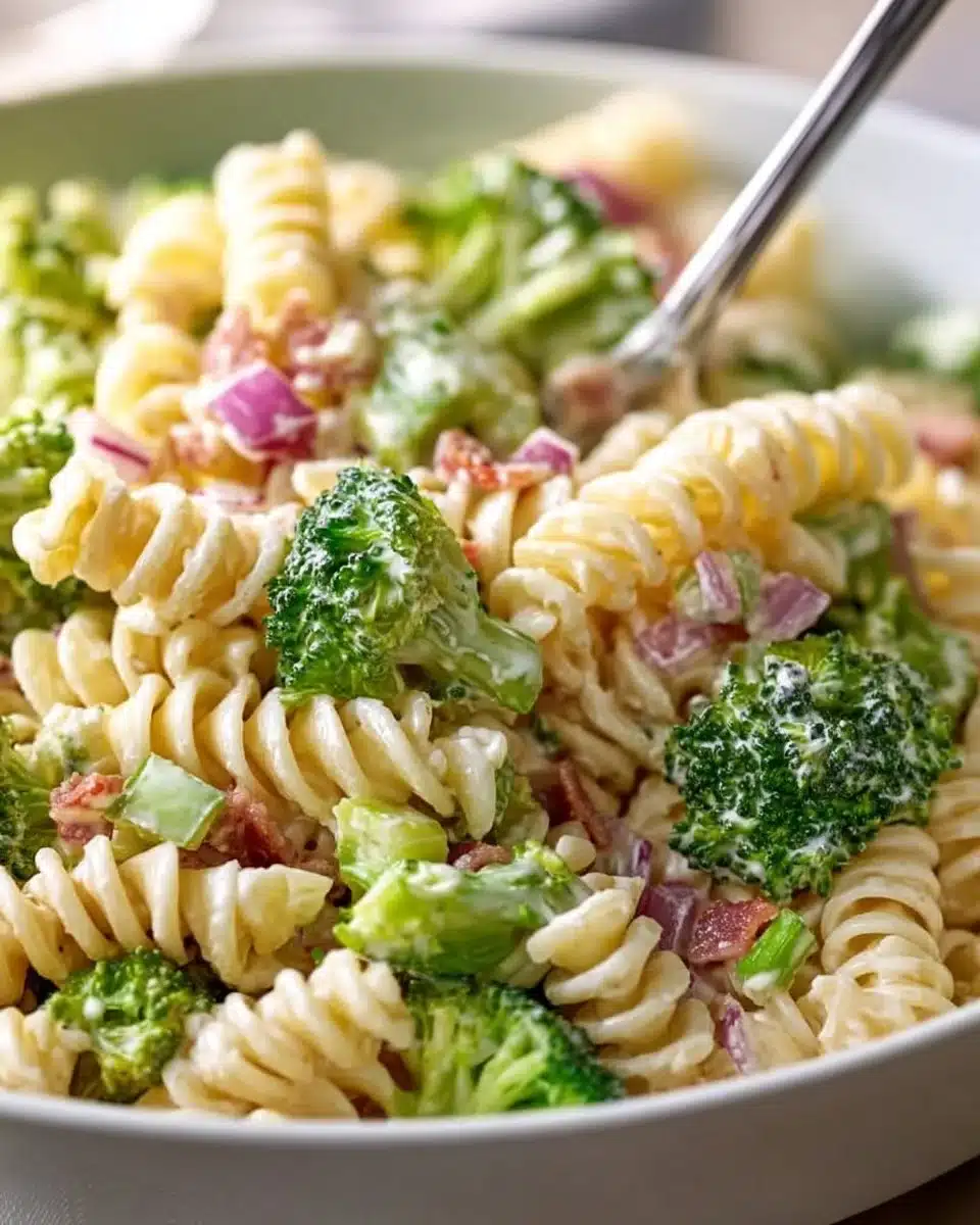 Delicious broccoli pasta salad with creamy dressing and crunchy toppings