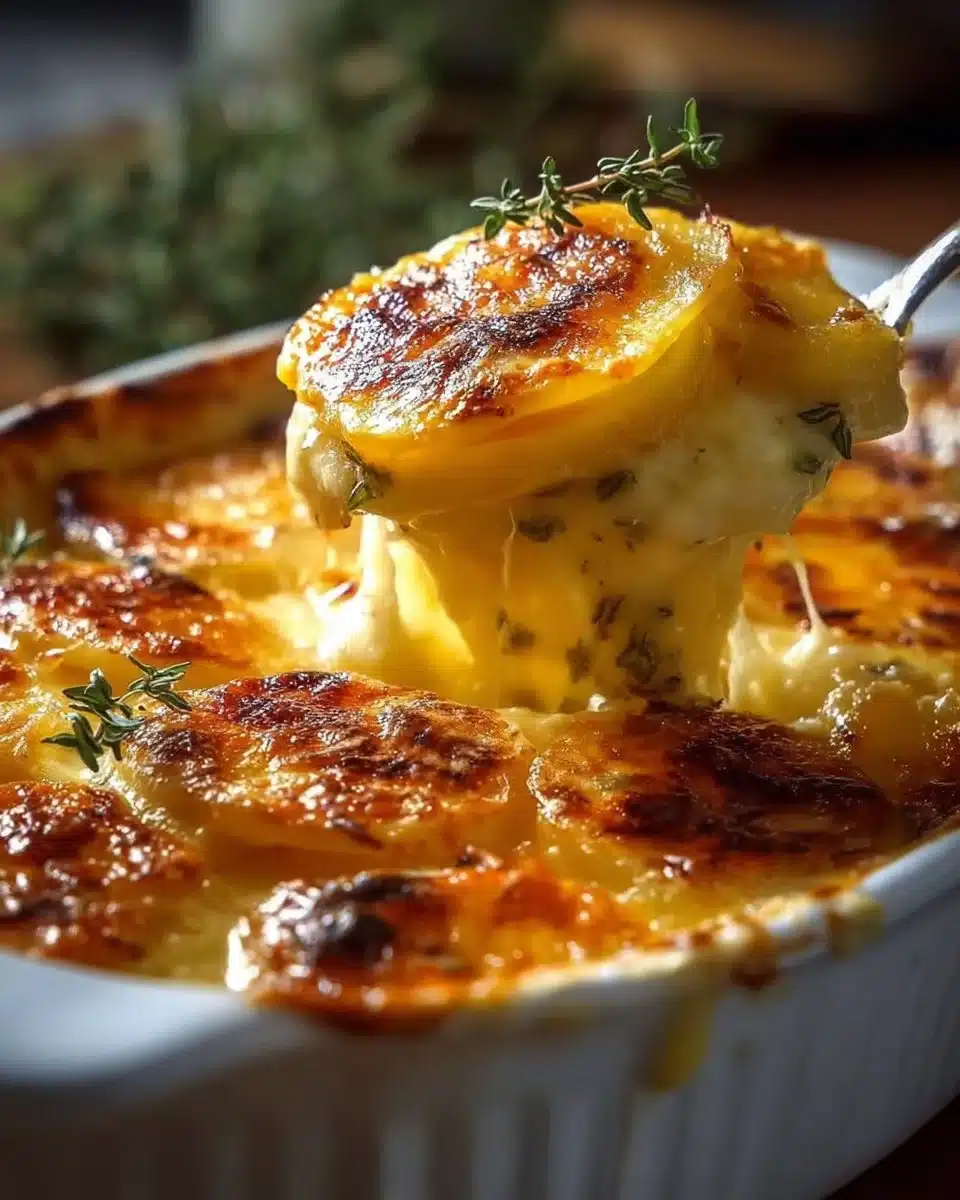 Creamy and cheesy homemade scalloped potatoes served as a comforting side dish