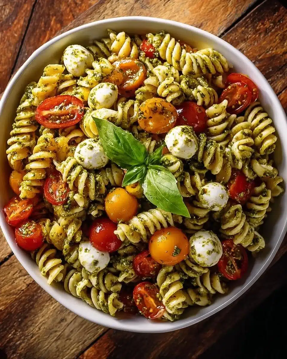 Caprese Pesto Pasta Salad with fresh ingredients and vibrant colors