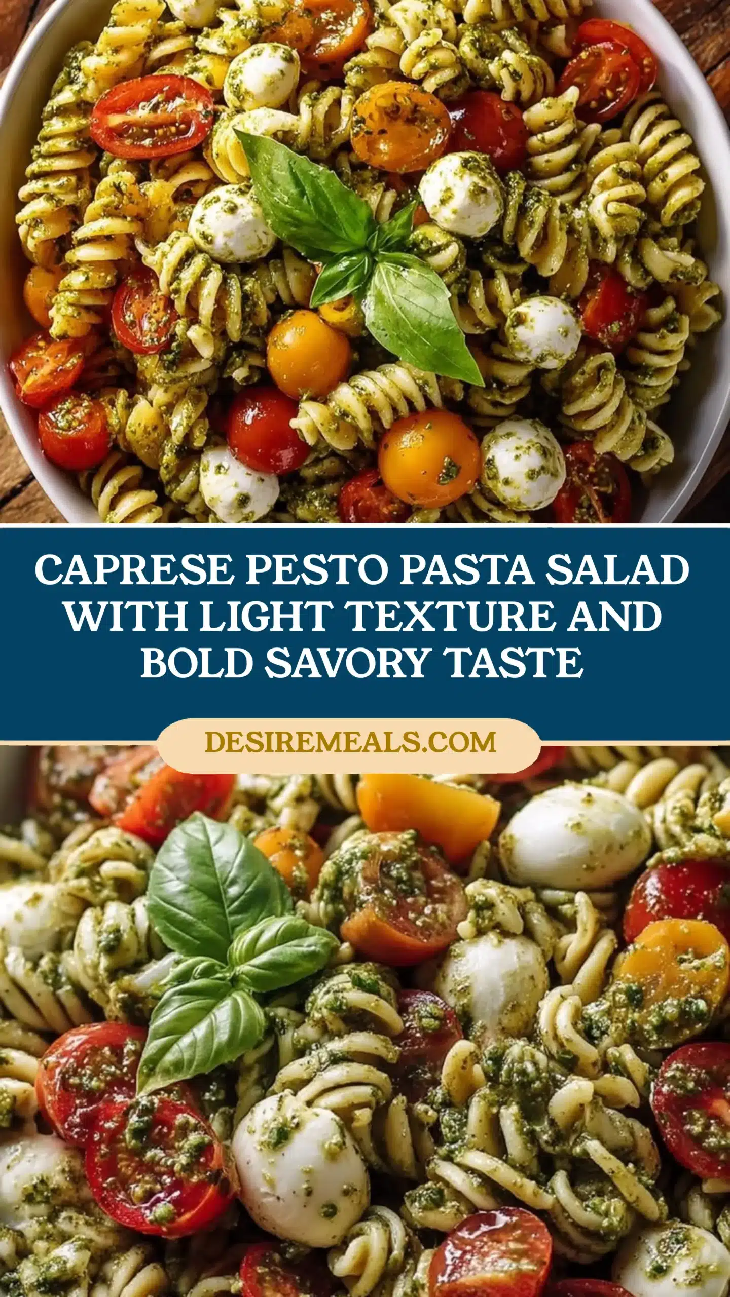 Caprese Pesto Pasta Salad with light texture and bold savory taste