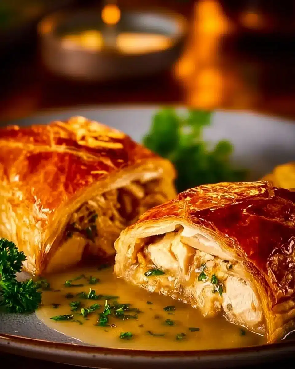 Chicken Wellington dish with puff pastry and herbs served elegantly on a plate