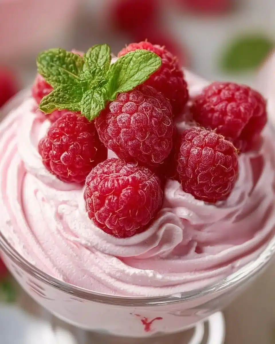 Cottage cheese mousse topped with fresh raspberries in a bowl