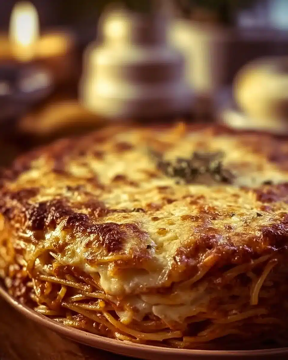Cream Cheese Spaghetti Casserole baked in a dish, topped with cheese and herbs.