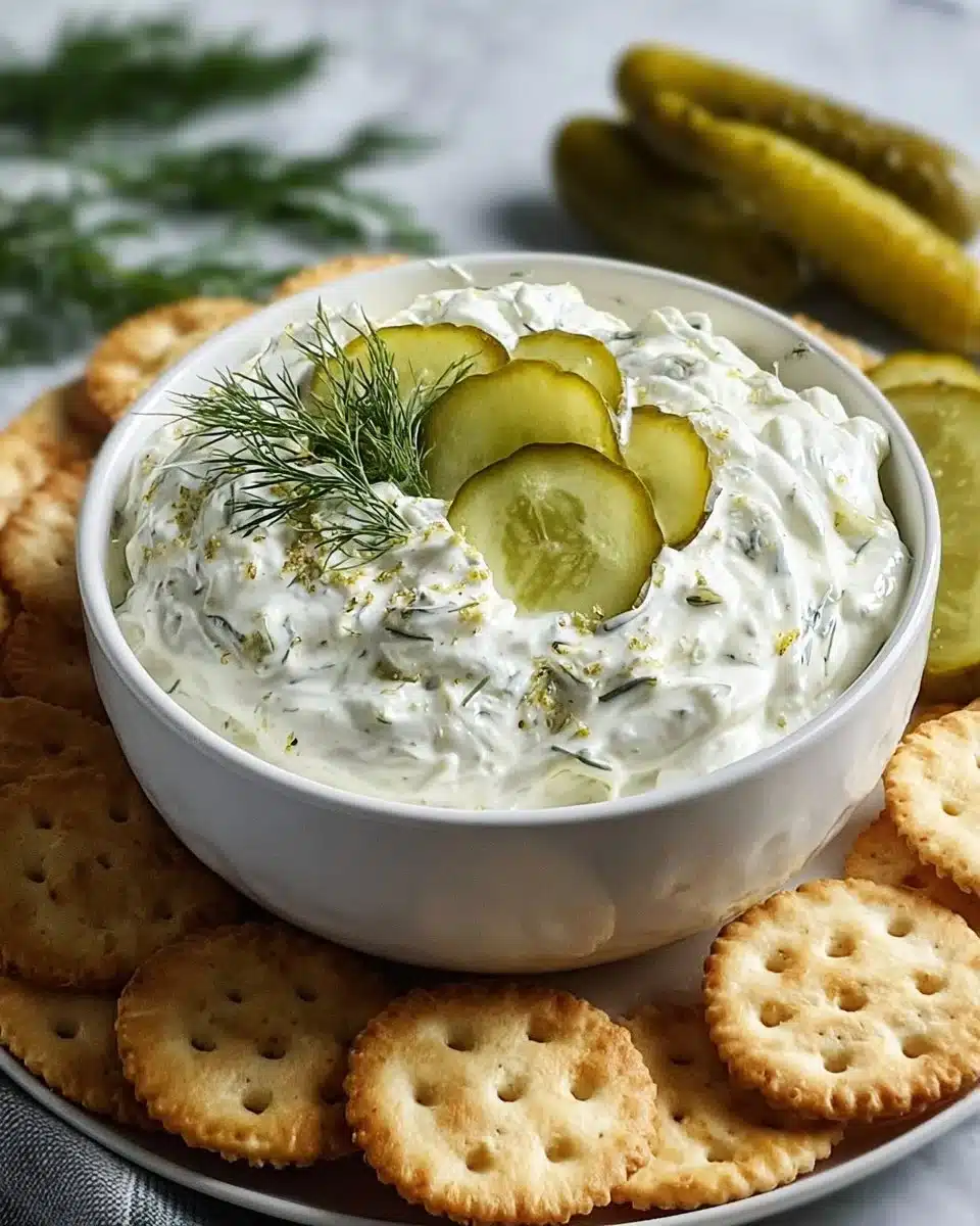 Creamy dill pickle dip served in a bowl, perfect for party appetizers.