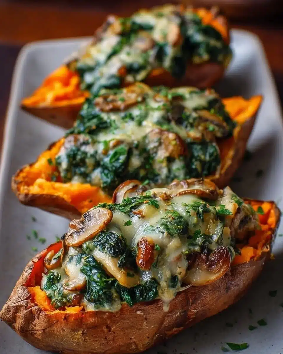 Creamy mushroom and spinach stuffed sweet potatoes served on a plate