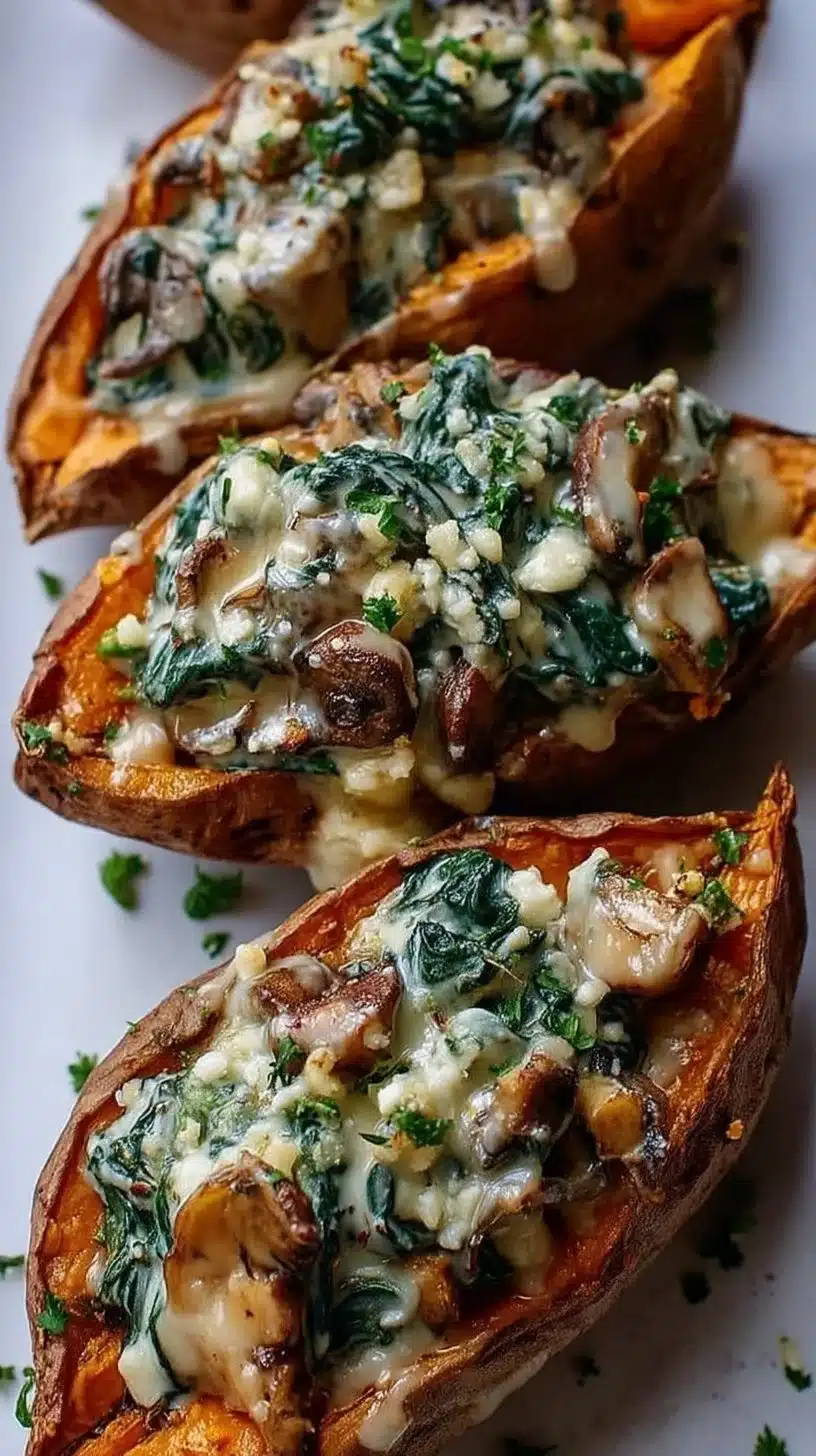 Creamy Mushroom and Spinach Stuffed Sweet Potatoes