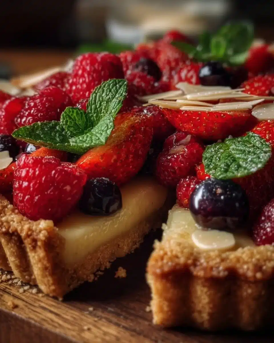 Gluten-free lemon almond tart topped with fresh berries for a spring dessert