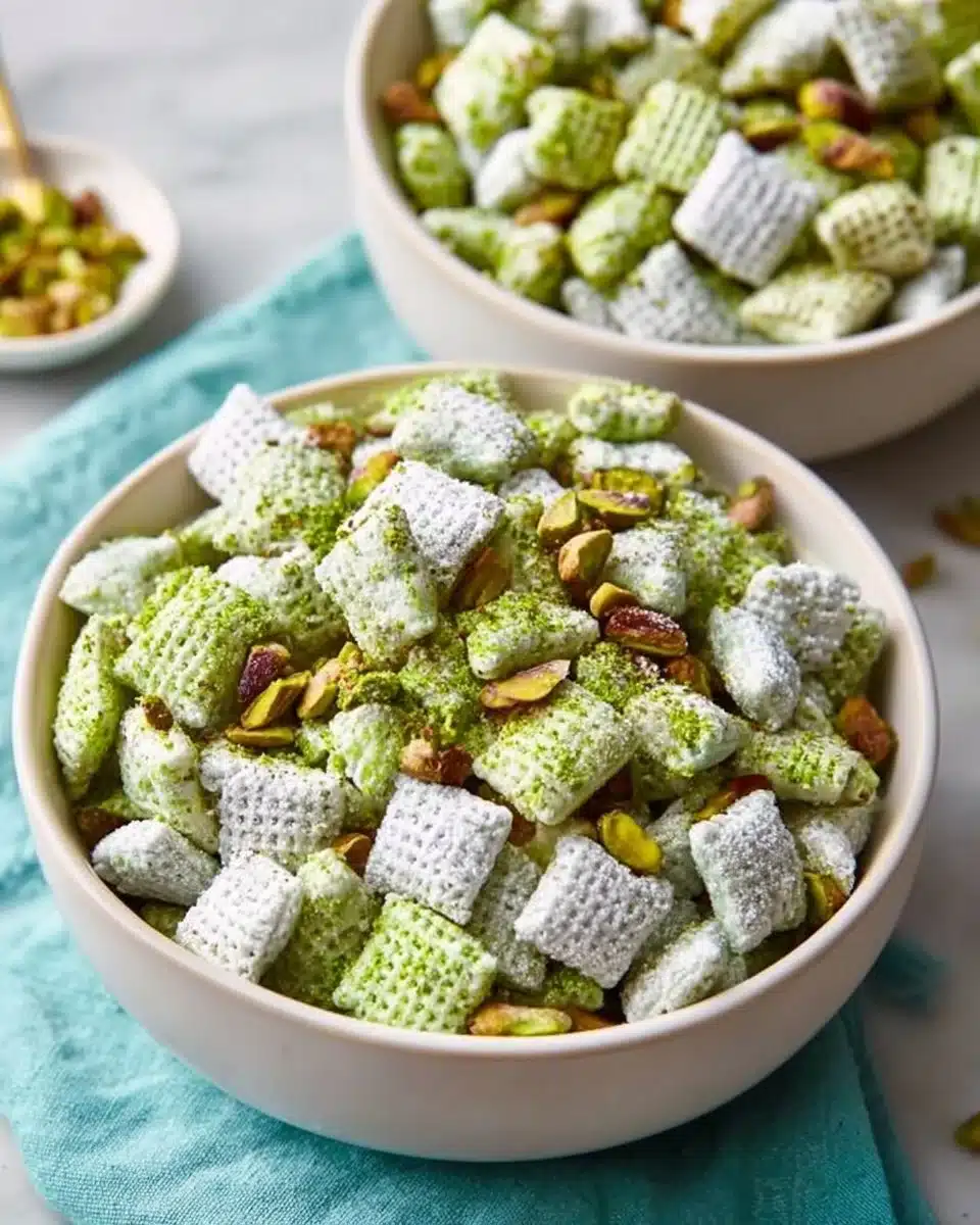 Easy pistachio puppy chow no-bake snack mix with a sweet and crunchy texture.