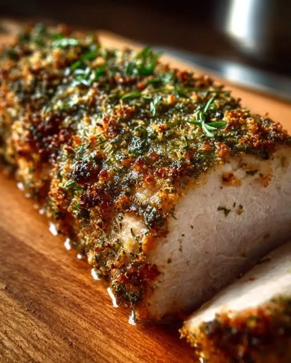 Herb Crusted Pork Loin Roast with crispy herb crust and juicy center