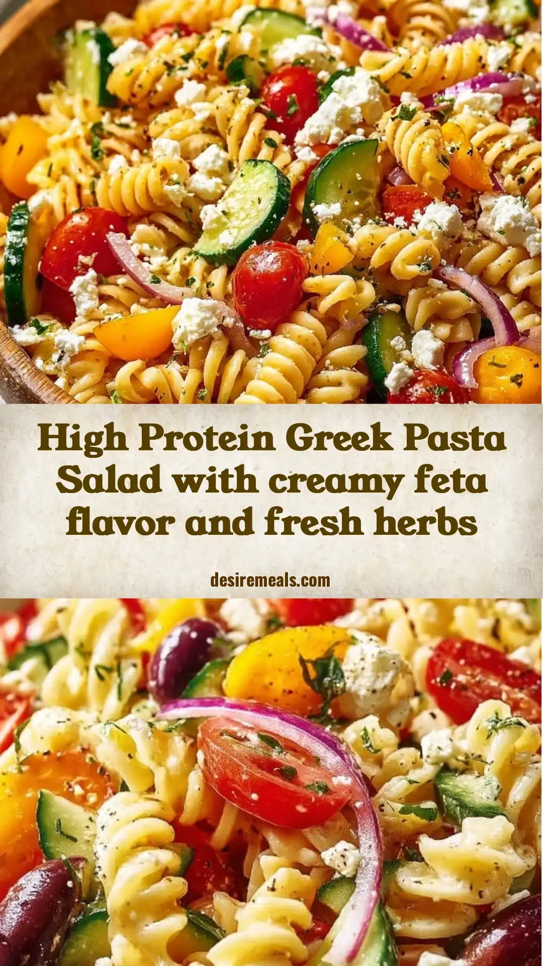 High Protein Greek Pasta Salad with creamy feta flavor and fresh herbs