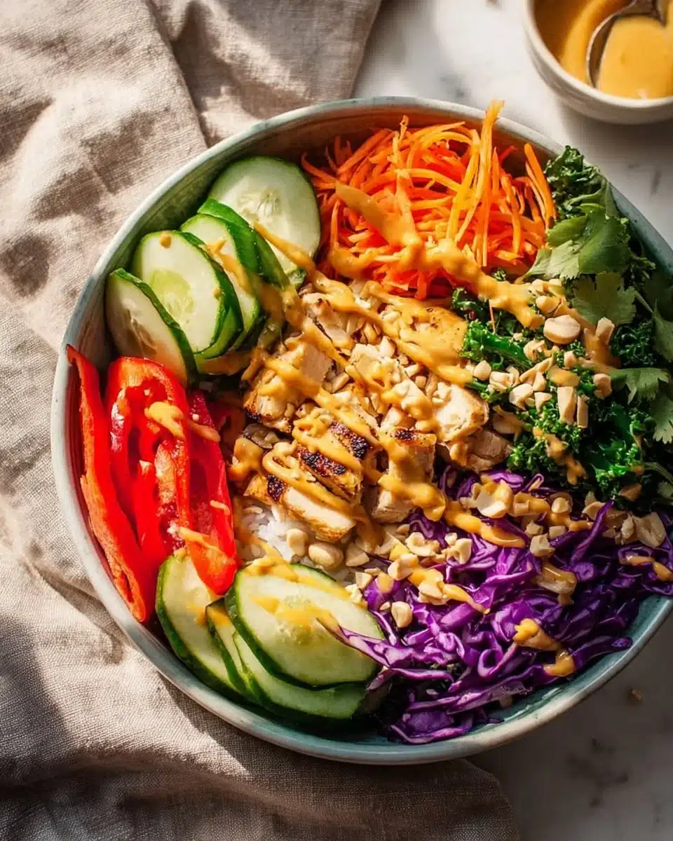 High Protein Thai Peanut Chicken Buddha Bowl with vegetables and peanut sauce