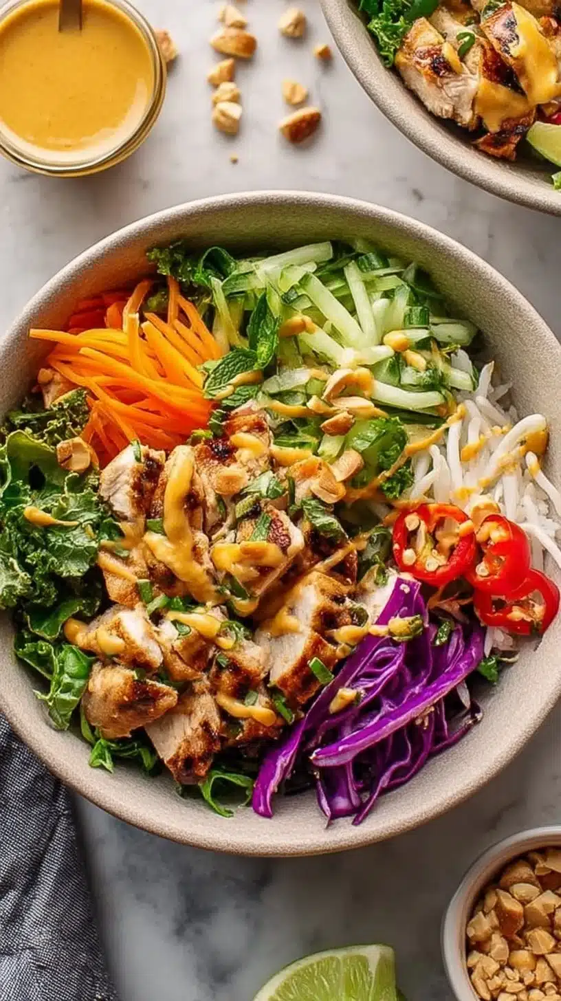 High Protein Thai Peanut Chicken Buddha Bowls - FlirtyFood