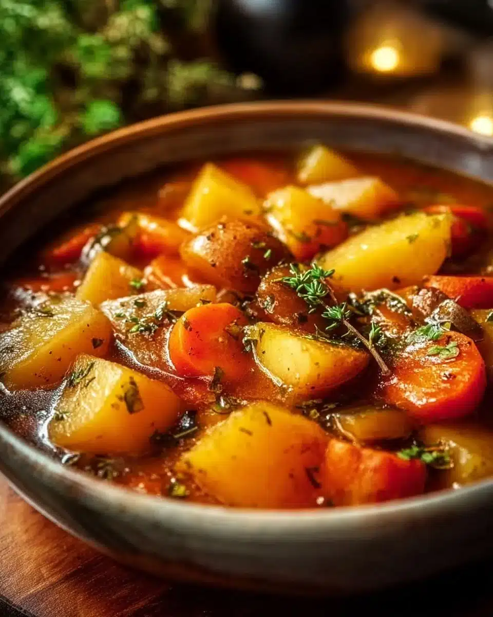 Hearty Irish Vegetarian Stew served in a bowl, featuring fresh vegetables and herbs.