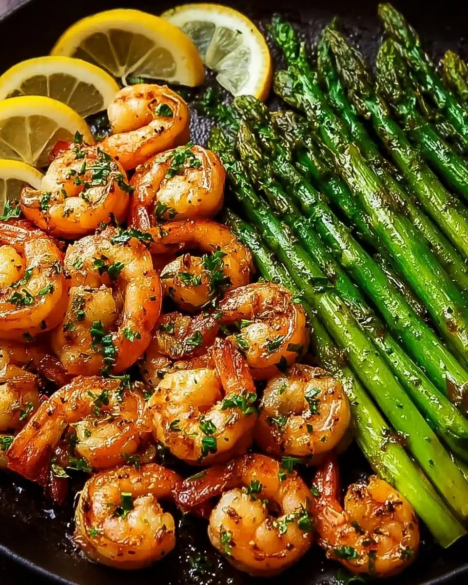 Plate of lemon garlic shrimp and asparagus, a healthy and easy dinner recipe.