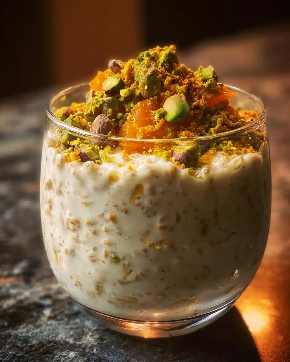 Bowl of Pistachio Orange Blossom Overnight Oats topped with nuts and floral elements