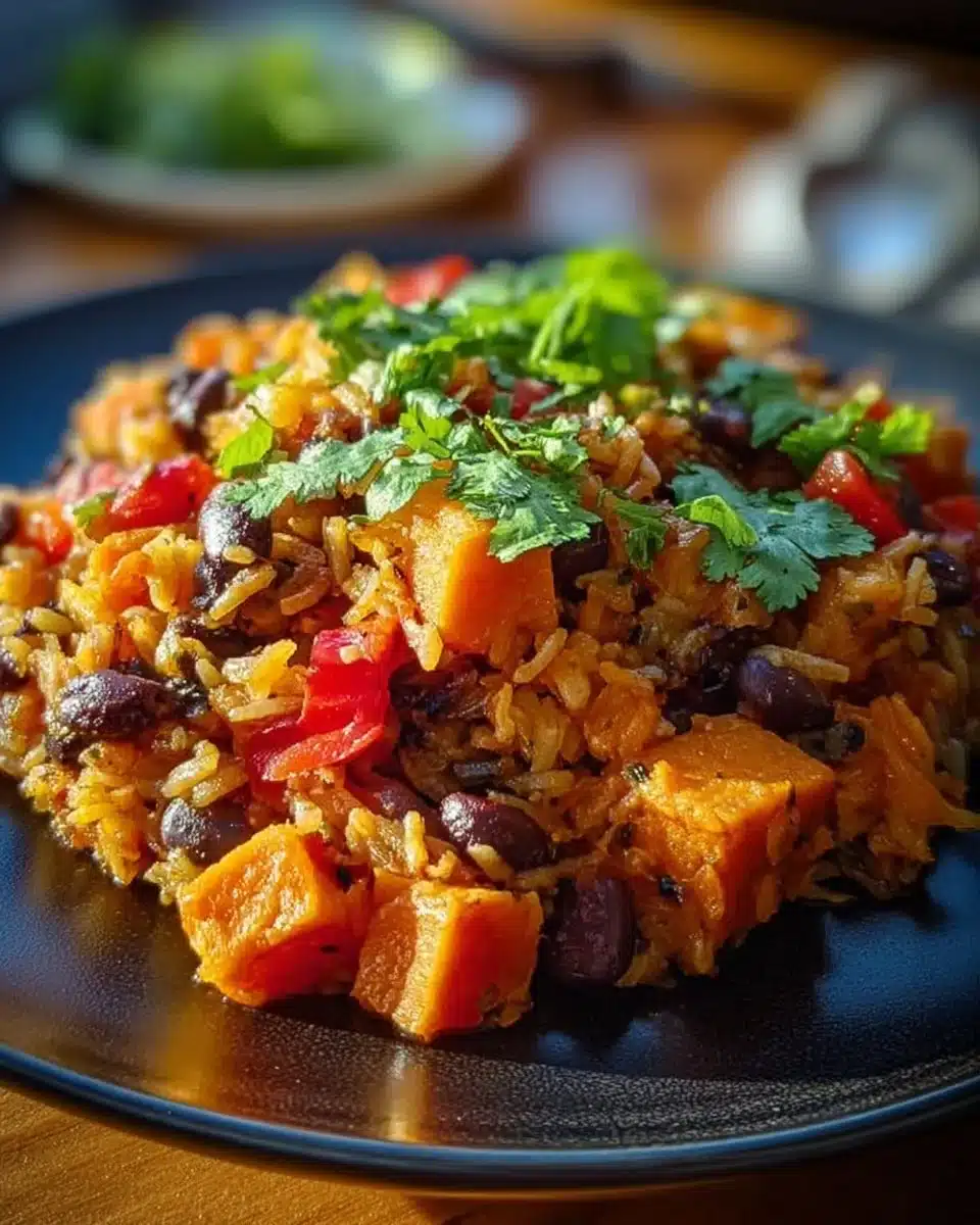 Delicious Rice and Bean Casserole with Sweet Potatoes served in a blue dish