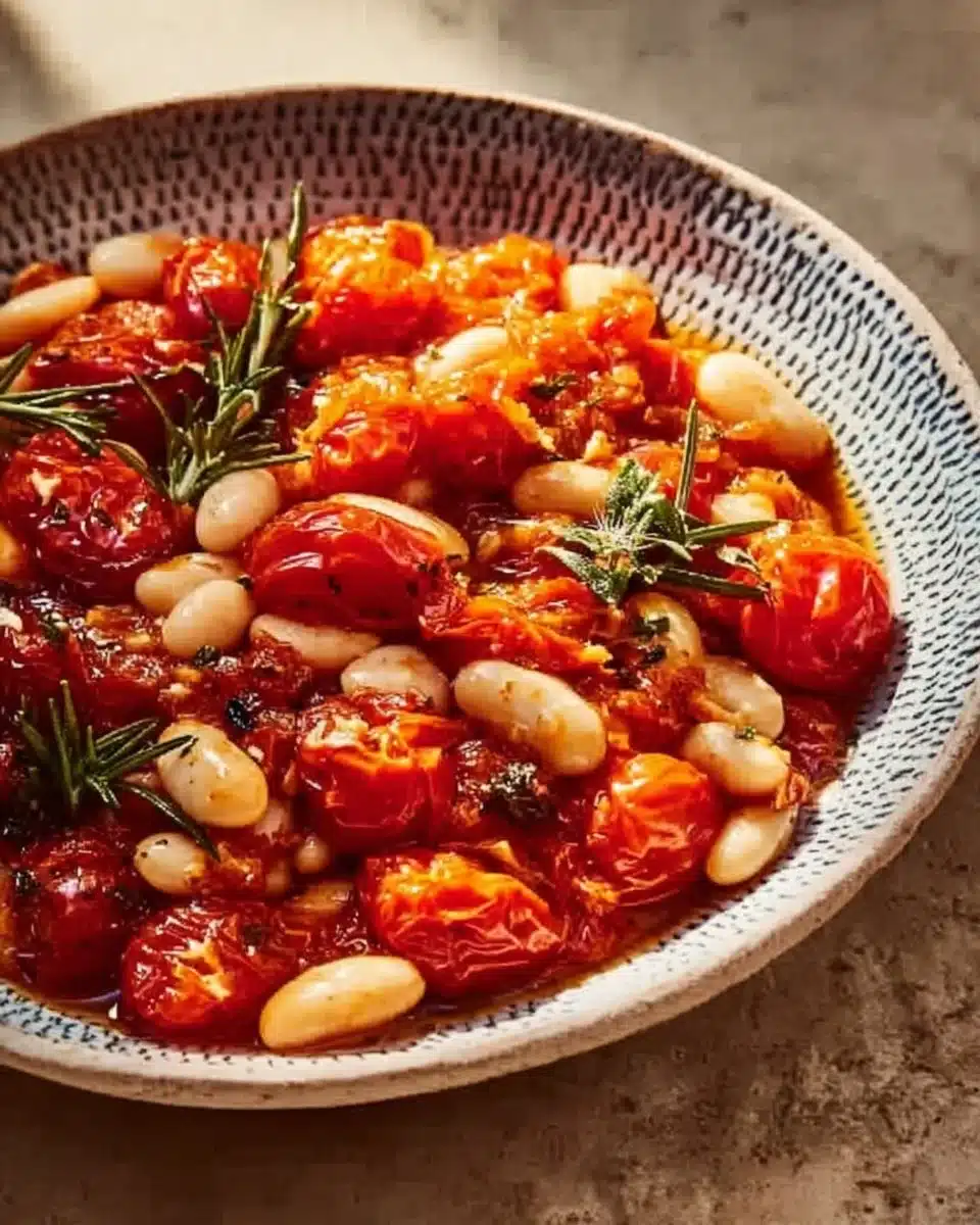 Roasted cherry tomatoes with white beans on a plate, healthy Mediterranean dinner.