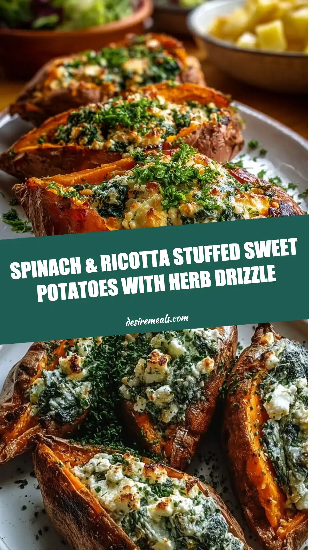 Spinach & Ricotta Stuffed Sweet Potatoes with Herb Drizzle