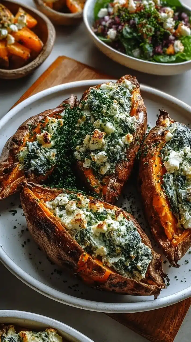 Spinach & Ricotta Stuffed Sweet Potatoes with Herb Drizzle