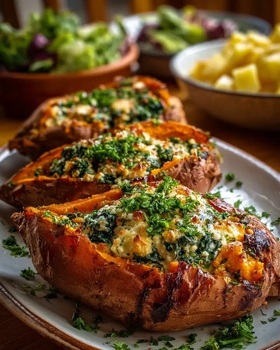 Spinach & Ricotta Stuffed Sweet Potatoes with Herb Drizzle