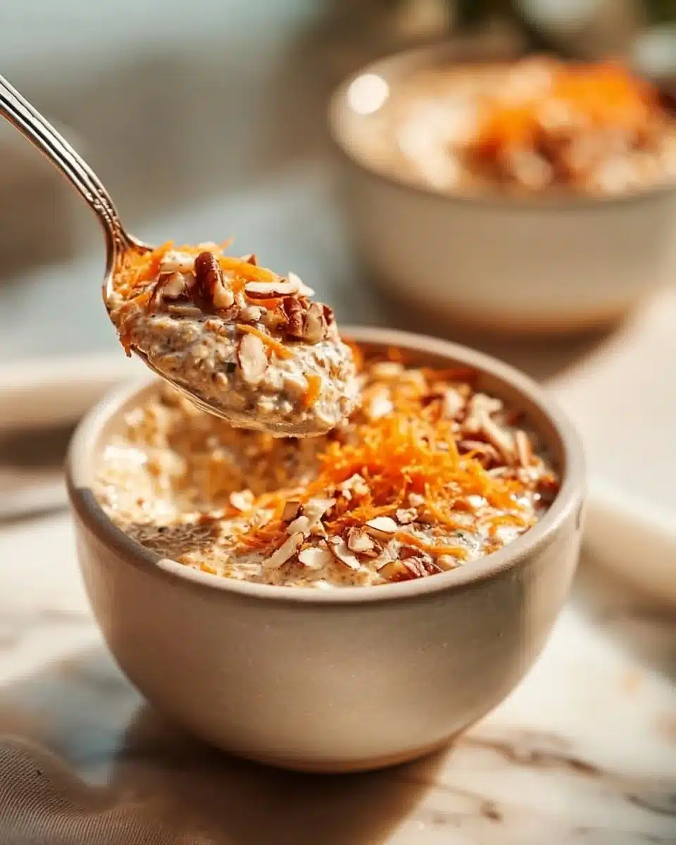 Bowl of carrot cake overnight oats topped with nuts and cinnamon