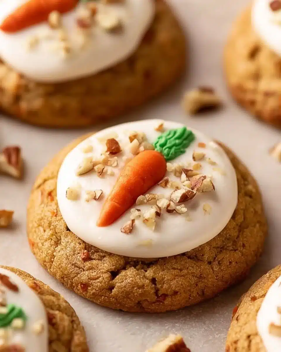 Soft and chewy vegan carrot cake cookies on a plate with carrots and nuts.