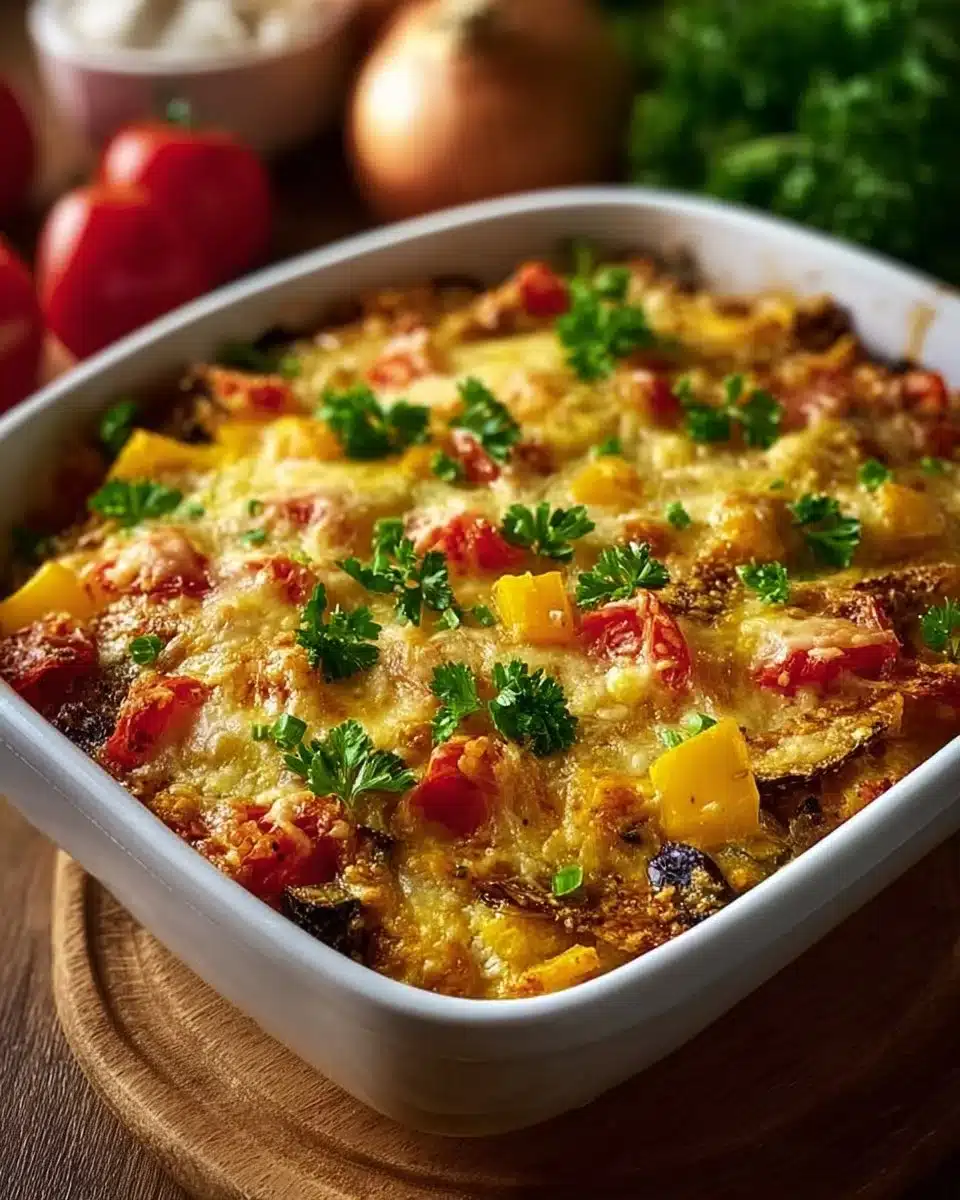 Easy vegetarian dump and bake casserole for a quick weeknight meal