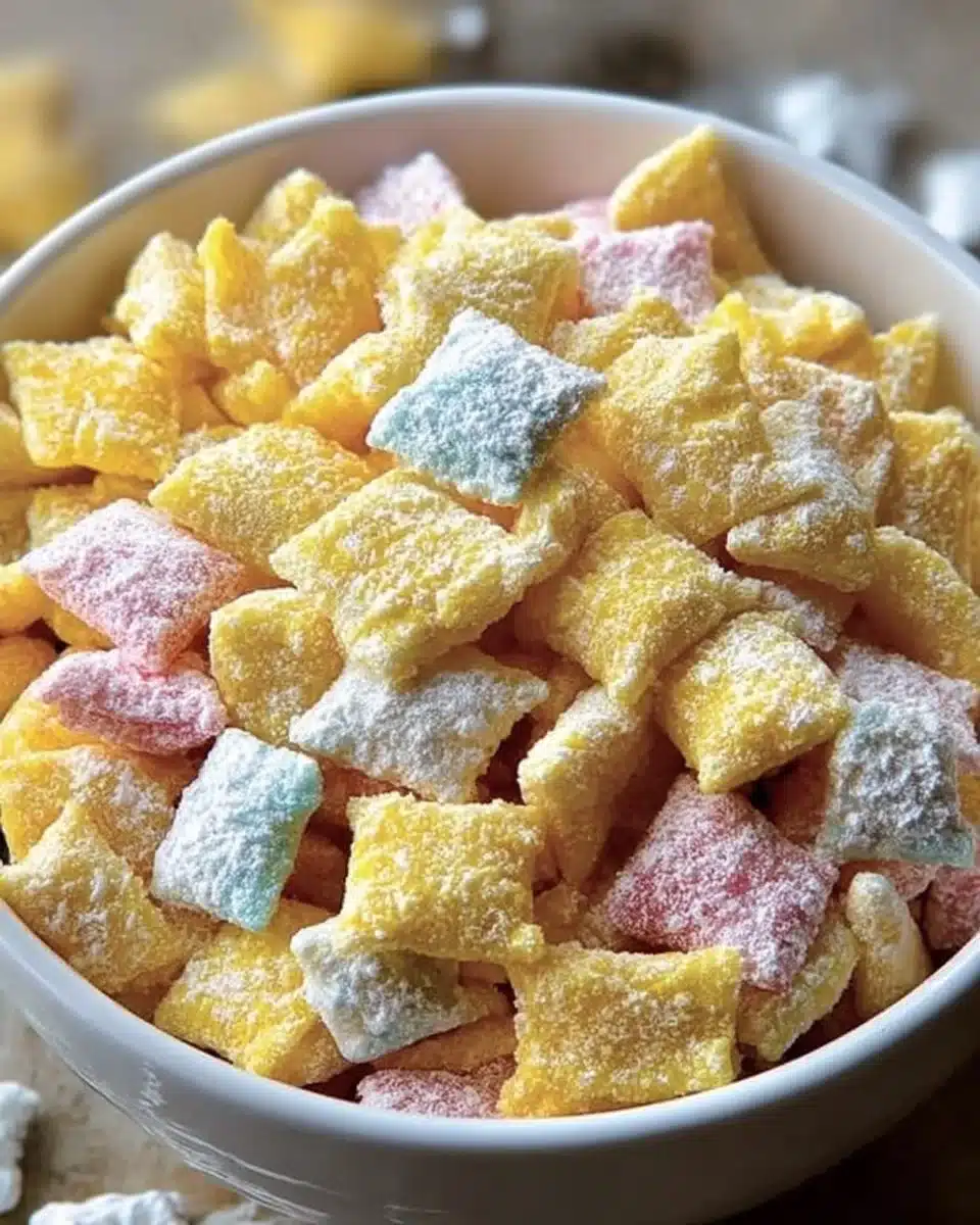 Zesty Lemonade Puppy Chow, a no-bake party snack recipe